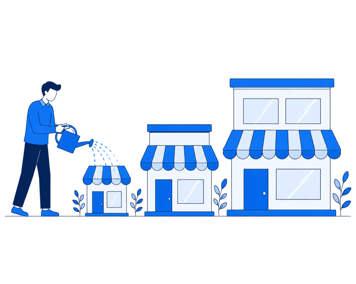 並んだ店舗にじょうろで水をやる担当者のイラスト。受注サイトを開店後も育てていくことを表す