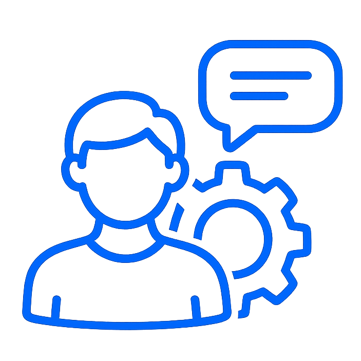吹き出しと歯車を伴った担当者の、運用サポートを表すアイコン