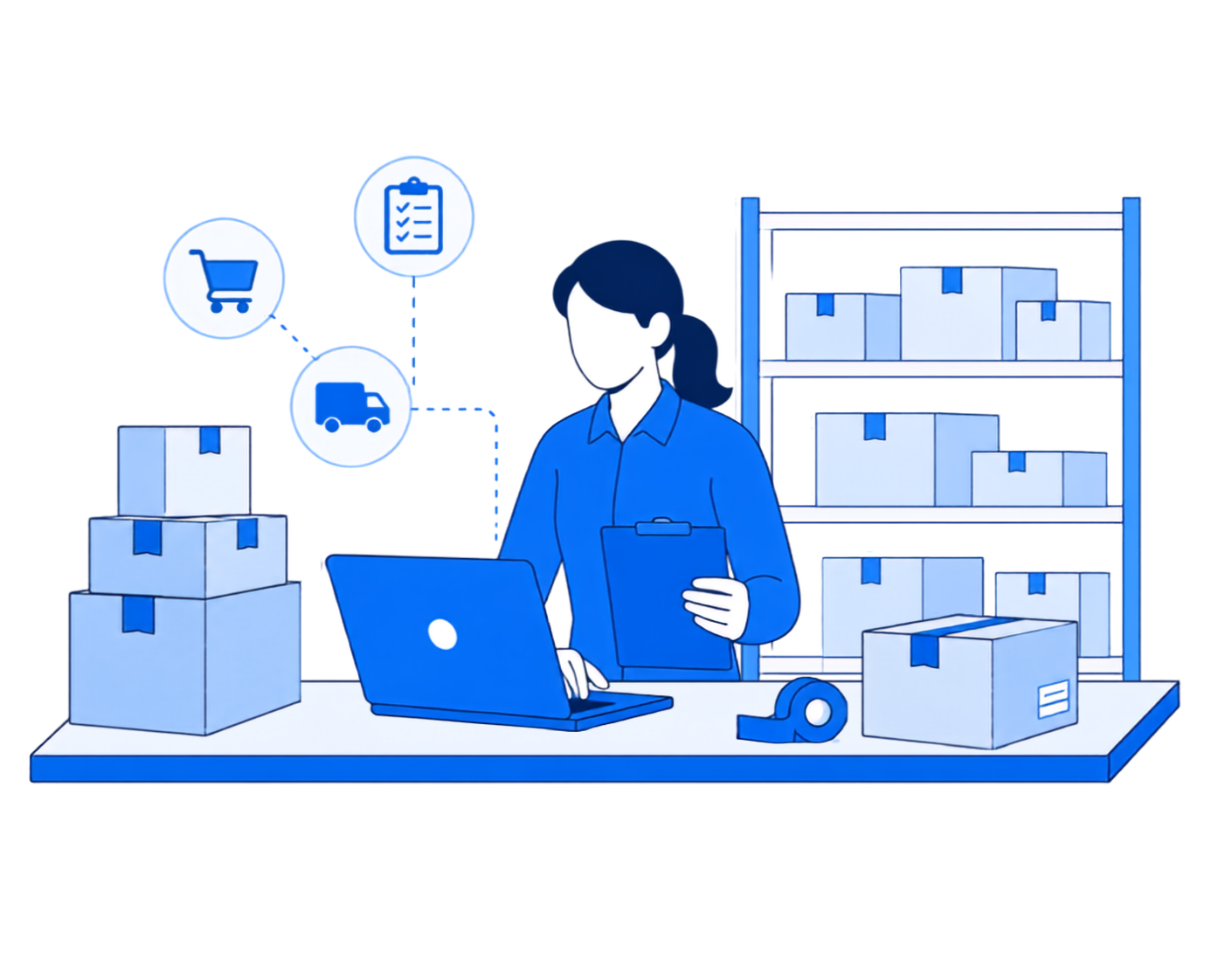 商品や在庫が並ぶ倉庫でノートパソコンを操作する、EC運営の実務を表すイラスト
