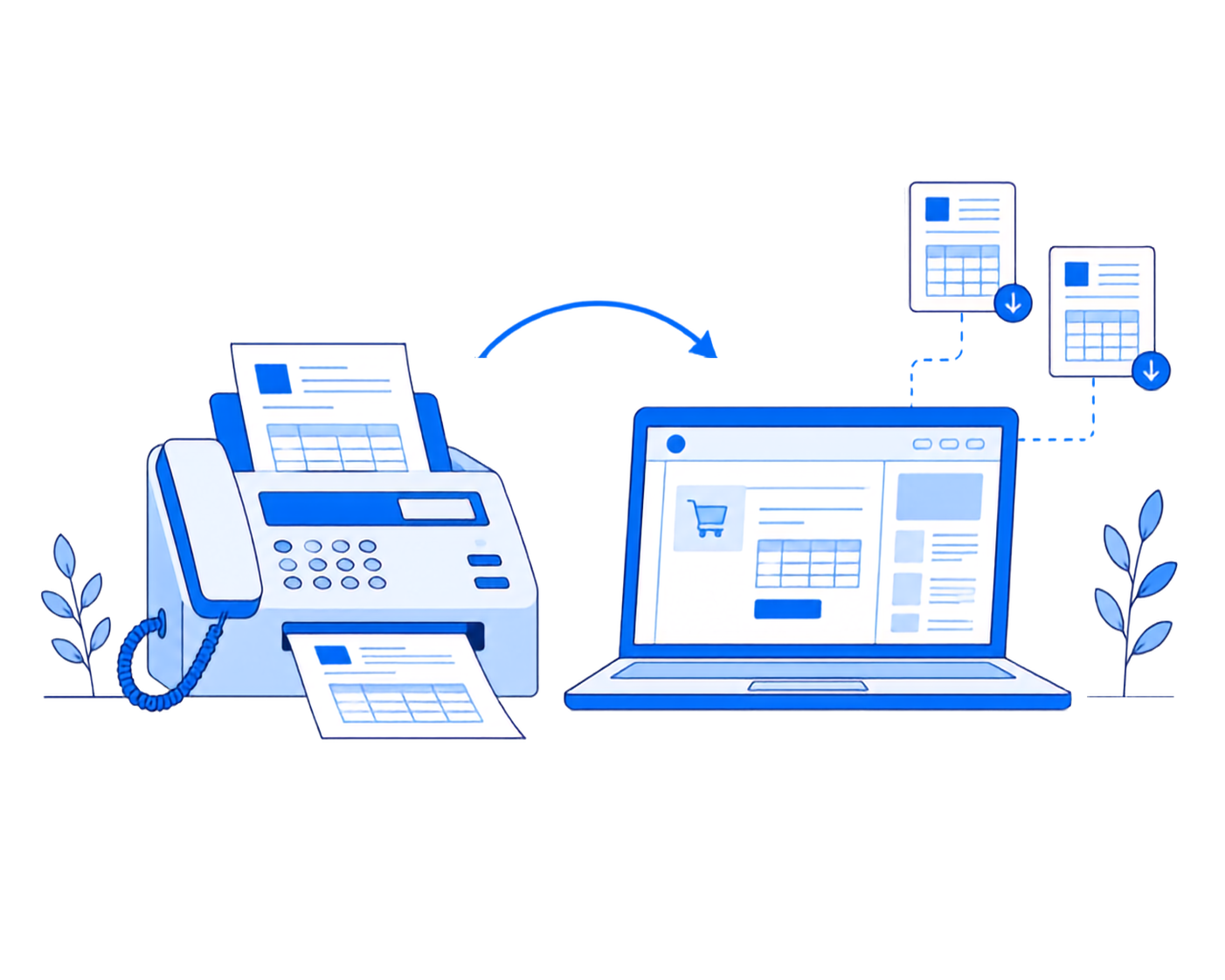 FAX機とパソコン画面が並び、紙の受注とWeb受注を併用している状態を表すイラスト